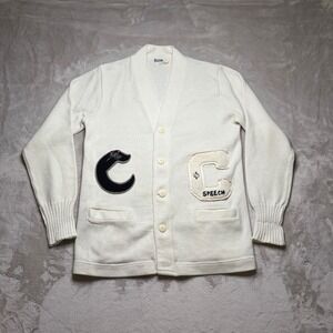 Vtg 70s 80s Dehen Letterman Varsity Cardigan Sweater Size 38 White Knit Acrylic